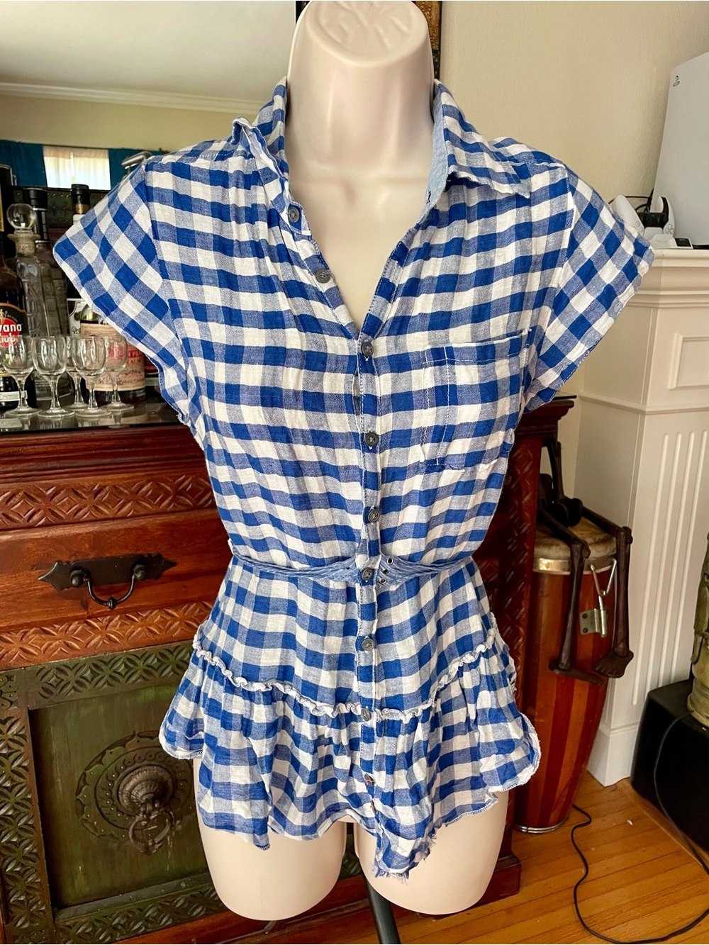Free People Blue & White Plaid Crochet Back Western Boho Top